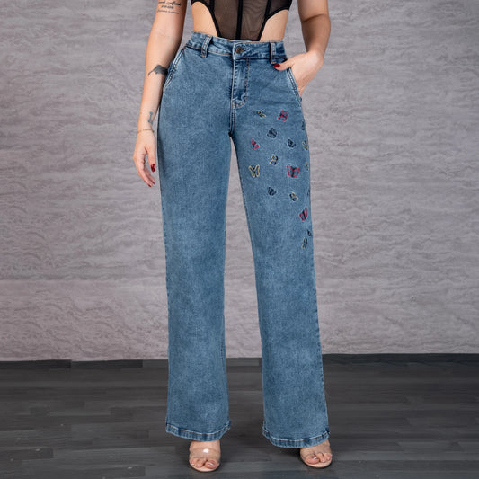 Jeans Bota Recta Strech Mujer con Mariposas Bordadas L6070