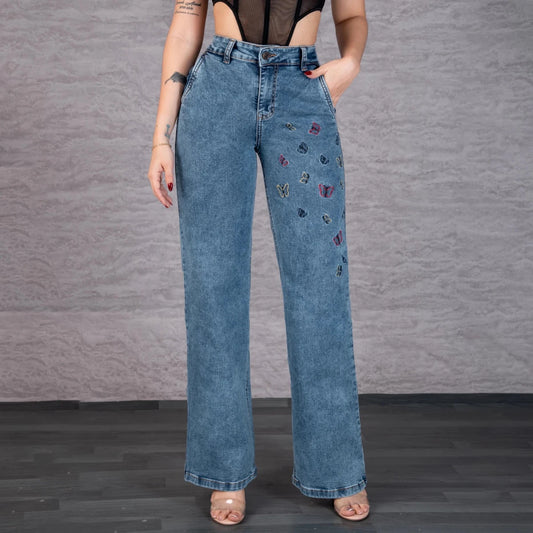 Jeans Bota Recta Strech Mujer con Mariposas Bordadas L6070 - Jeans Colombia GUETHE08