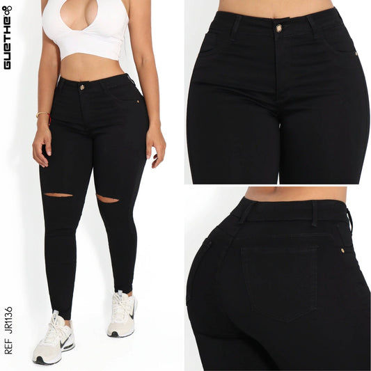 Jeans Skinny Negro con Rotos Tiro Alto JR1136 - Guethe08 | Fábrica de Jeans