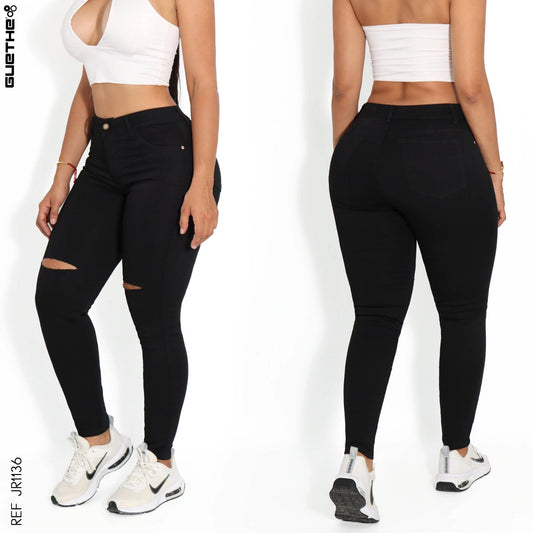 Jeans Skinny Negro con Rotos Tiro Alto JR1136 - Guethe08 | Fábrica de Jeans