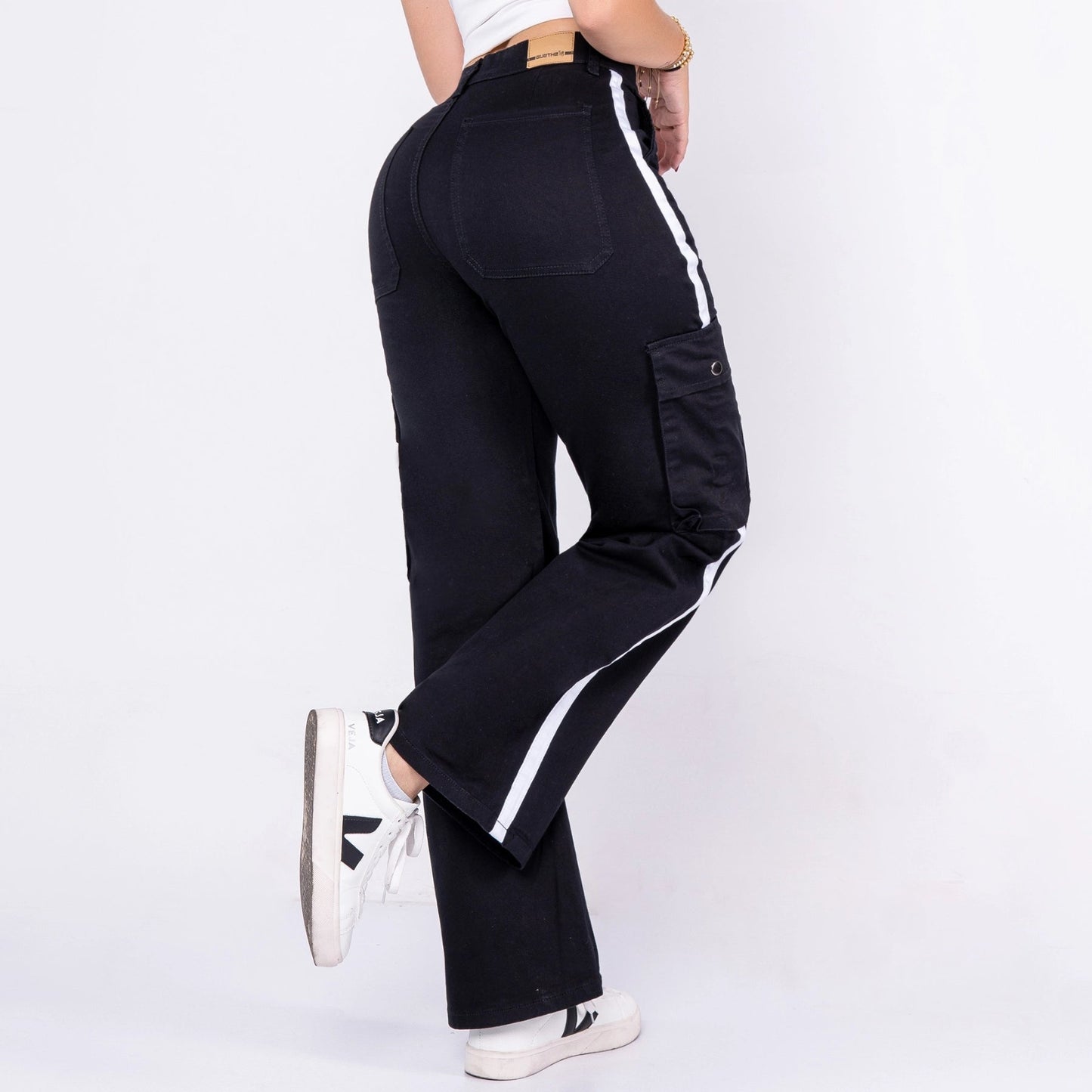 Pantalón Drill Cargo Negro con Cinta Blanca DR013 - Guethe08 | Fábrica de Jeans