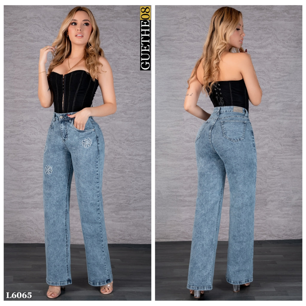 Jeans Bota Recta Strech Mujer con Flores Bordadas L6065