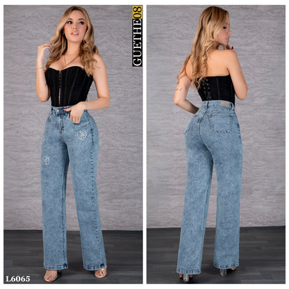 Jeans Bota Recta Strech Mujer con Flores Bordadas L6065