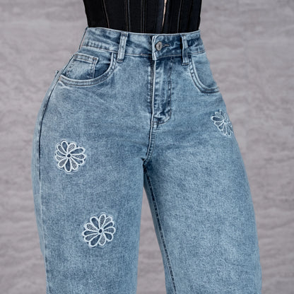 Jeans Bota Recta Strech Mujer con Flores Bordadas L6065