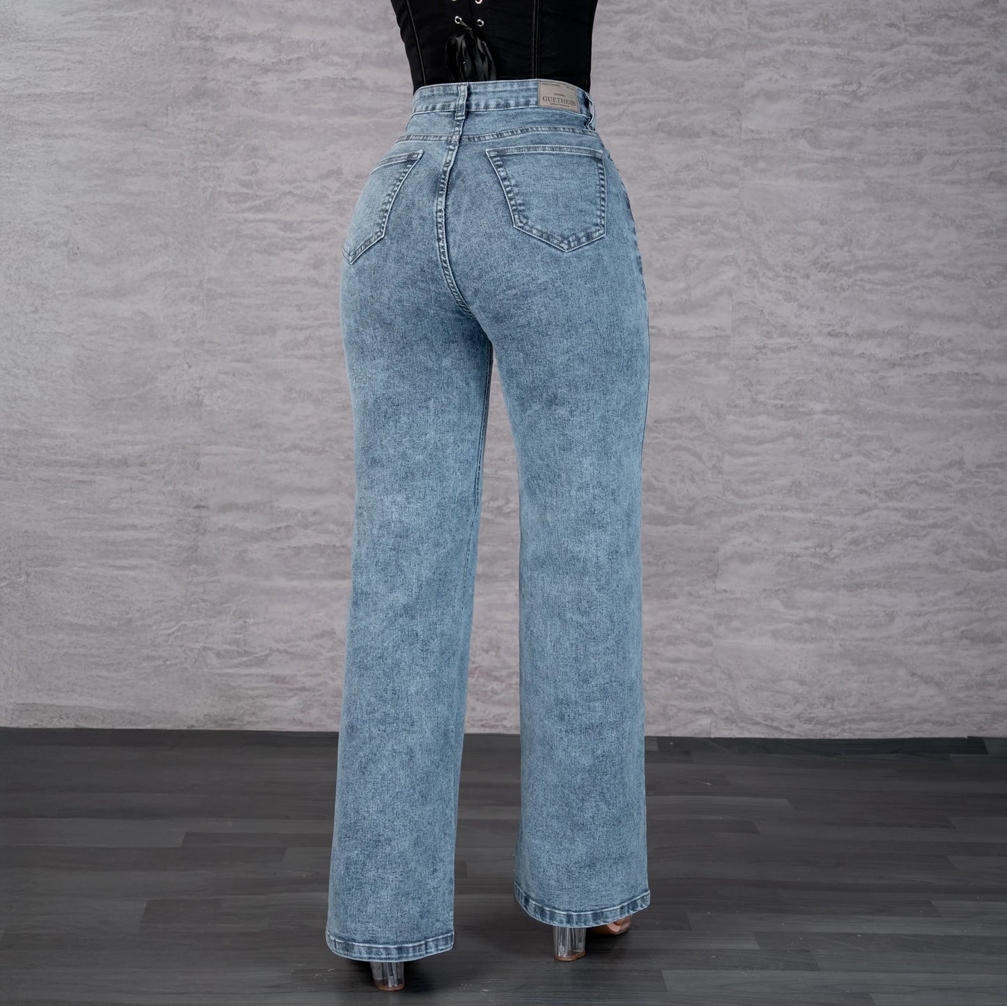 Jeans Bota Recta Strech Mujer con Flores Bordadas L6065