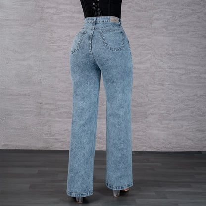 Jeans Bota Recta Strech Mujer con Flores Bordadas L6065