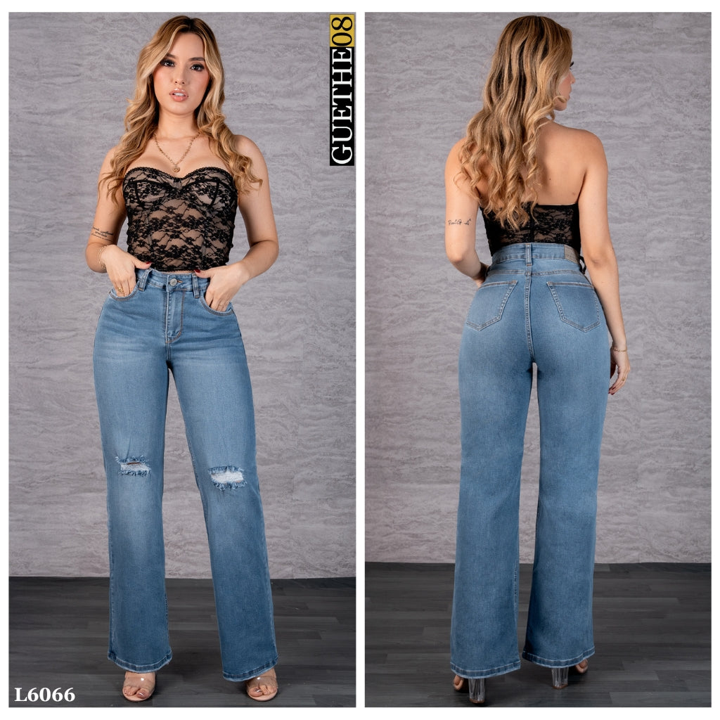 Jeans Bota Recta Strech Mujer con Rotos L6066