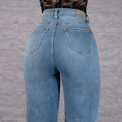 Jeans Bota Recta Strech Mujer con Rotos L6066