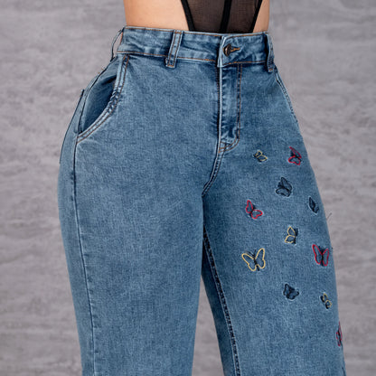 Jeans Bota Recta Strech Mujer con Mariposas Bordadas L6070