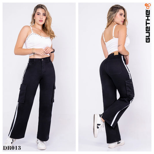 Pantalon Drill Cargo Negro con Cinta Blanca DR013