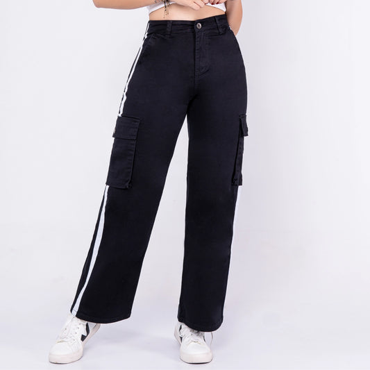 Pantalon Drill Cargo Negro con Cinta Blanca DR013