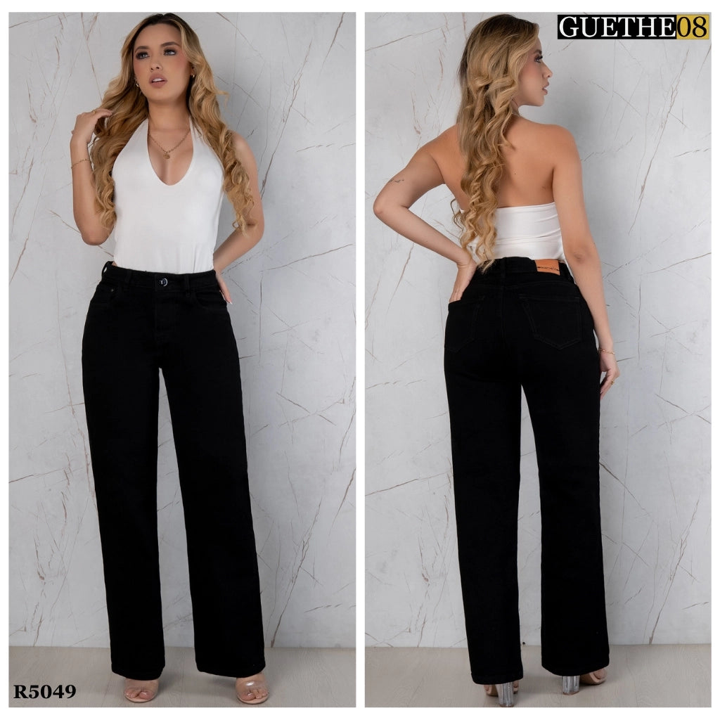 Jeans Bota Recta Semi Rígido Mujer Color Negro R5049
