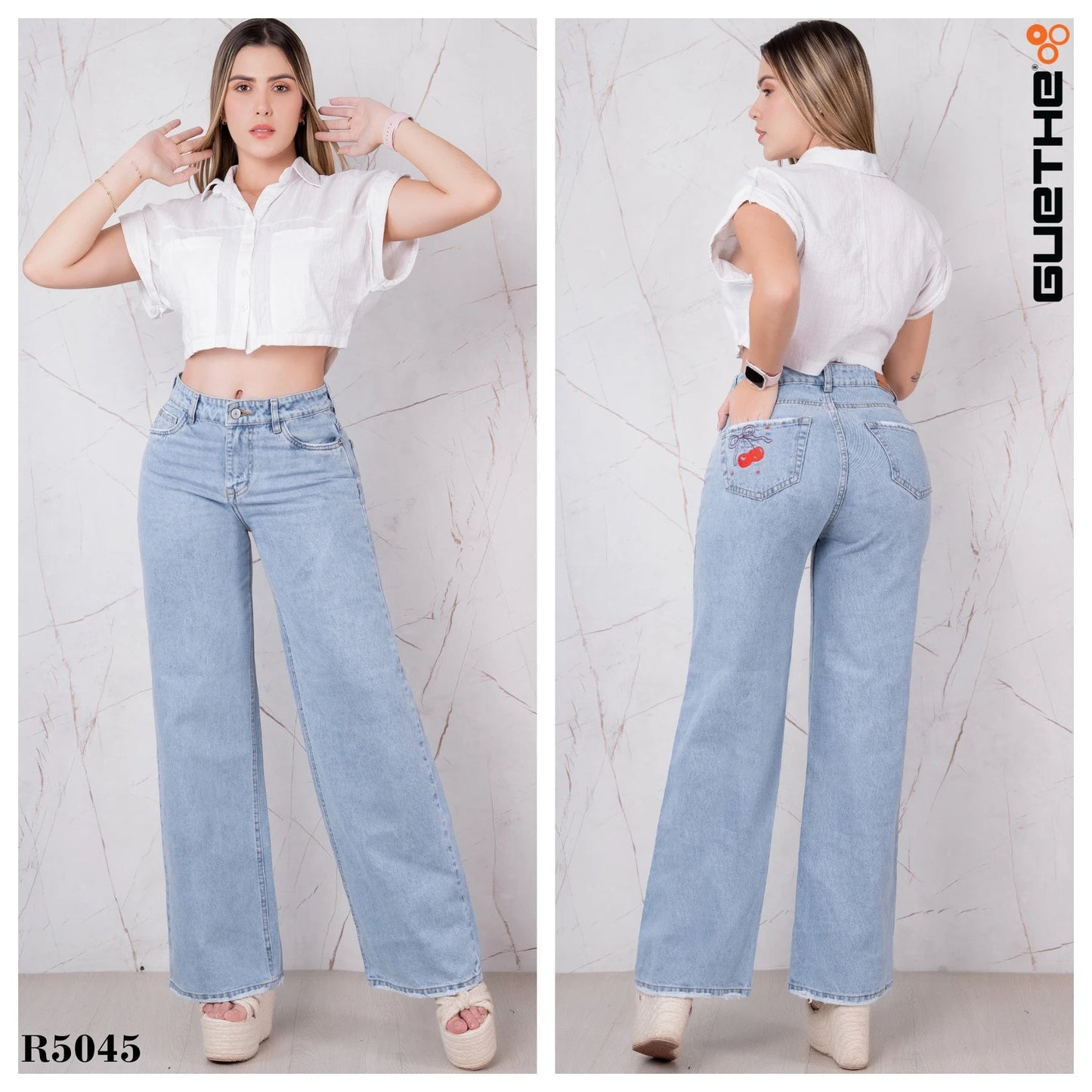 Jeans Bota Recta Rígido Mujer con cereza Bordada R5045 - Guethe08 | Fábrica de Jeans