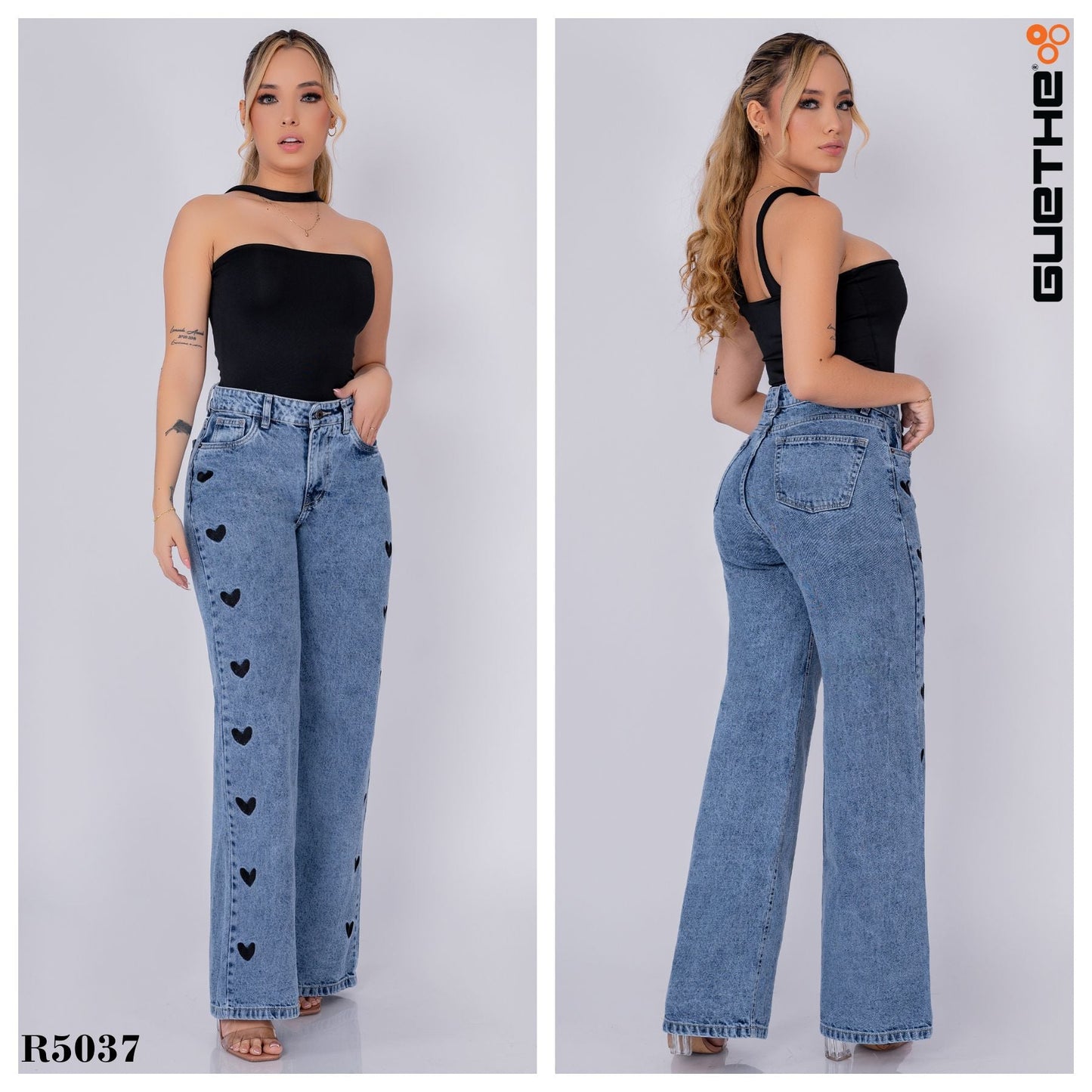 Jeans Bota Recta Rígido Mujer con Corazones Bordados R5037 - Guethe08 | Fábrica de Jeans