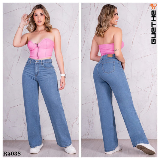 Jeans Bota Recta Rígido Mujer con Piedras Brillantes R5038 - Guethe08 | Fábrica de Jeans