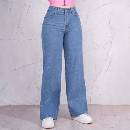 Jeans Bota Recta Rígido Mujer con Piedras Brillantes R5038 - Guethe08 | Fábrica de Jeans