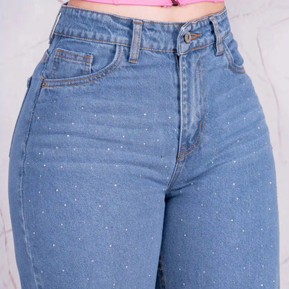 Jeans Bota Recta Rígido Mujer con Piedras Brillantes R5038 - Guethe08 | Fábrica de Jeans