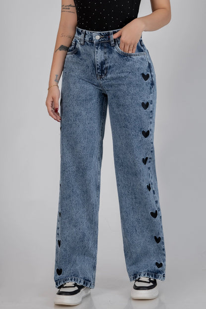 Jeans Bota Recta Rígido Mujer R5050 Corazones Bordados - Jeans Colombianos GUETHE08