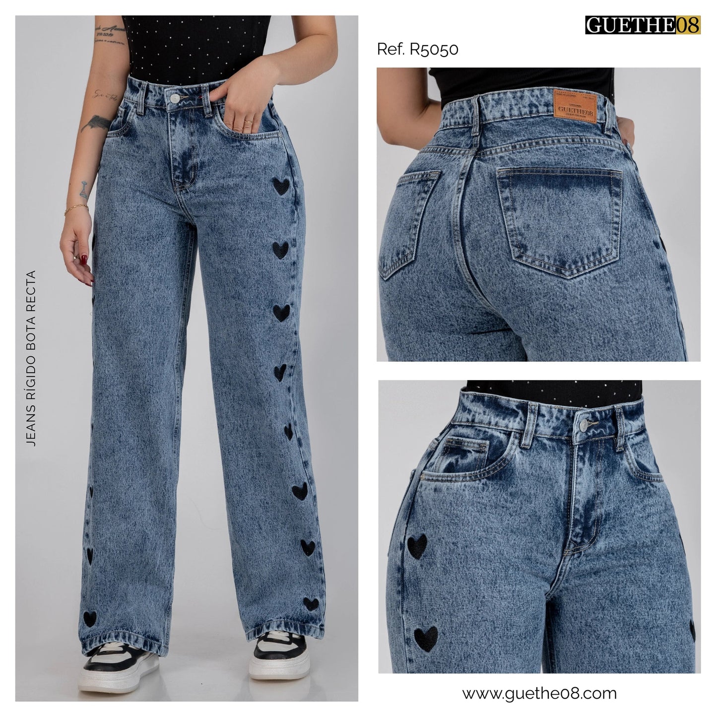 Jeans Bota Recta Rígido Mujer R5050 Corazones Bordados - Jeans Colombianos GUETHE08