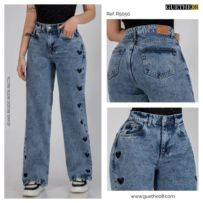 Jeans Bota Recta Rígido Mujer R5050 Corazones Bordados - Jeans Colombianos GUETHE08