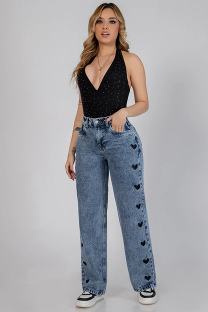 Jeans Bota Recta Rígido Mujer R5050 Corazones Bordados - Jeans Colombianos GUETHE08