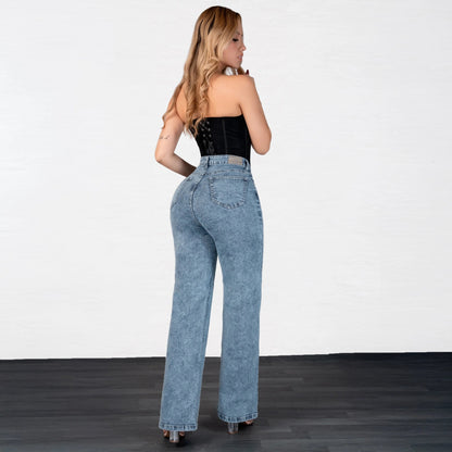 Jeans Bota Recta Strech Mujer con Flores Bordadas L6065 - Jeans Colombianos GUETHE08