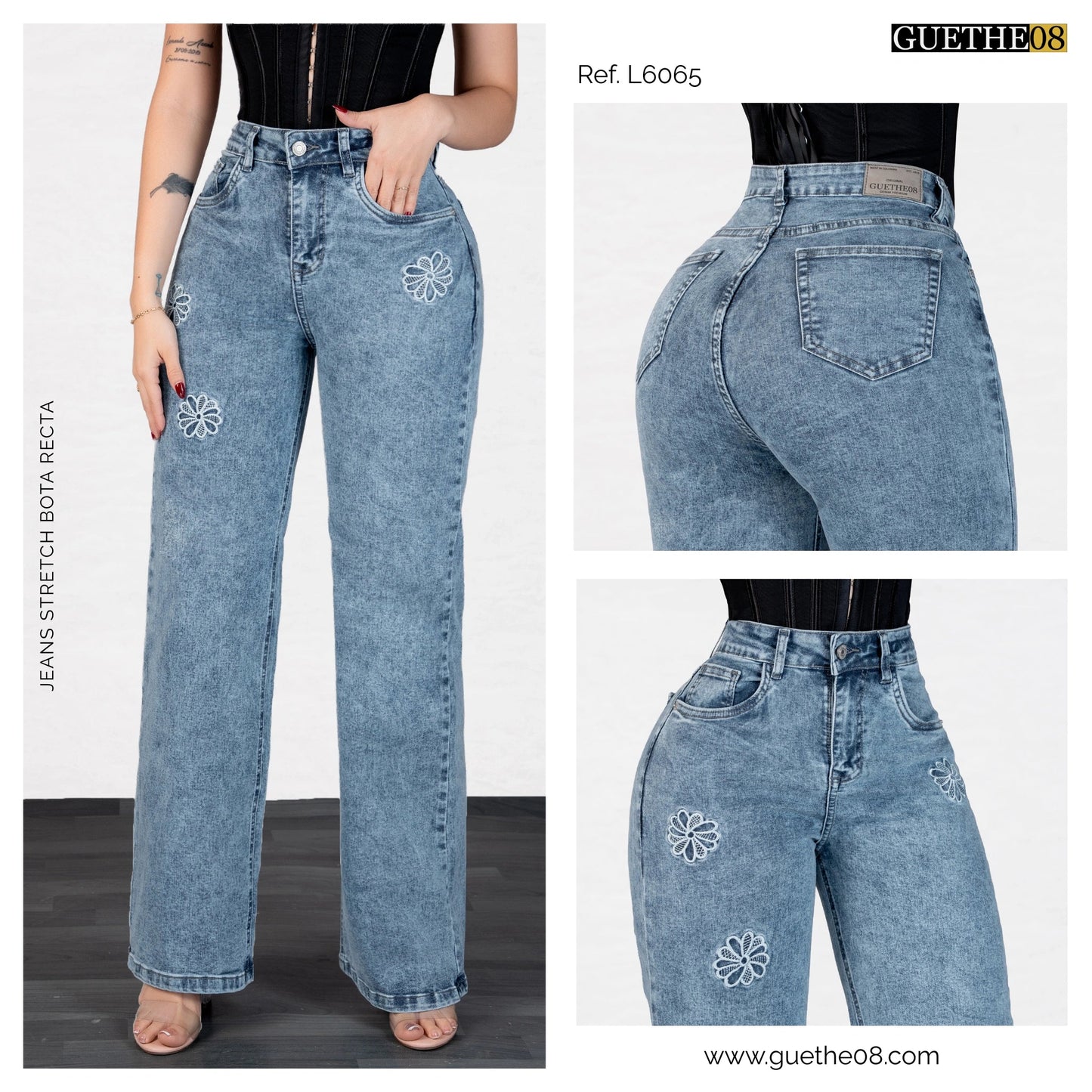 Jeans Bota Recta Strech Mujer con Flores Bordadas L6065 - Jeans Colombianos GUETHE08