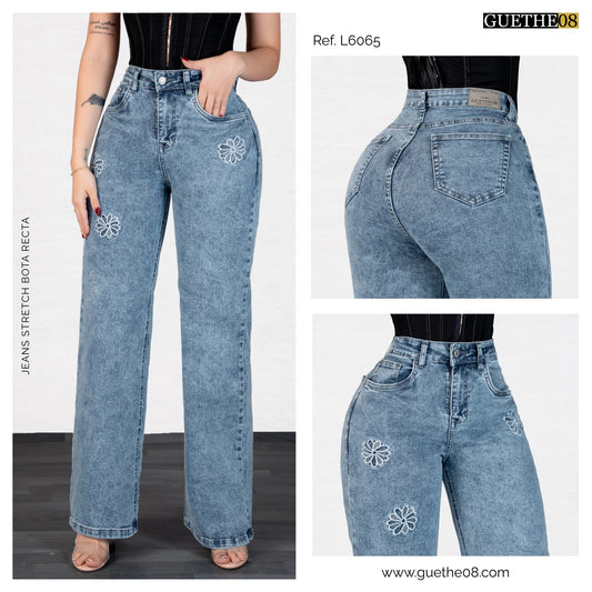 Jeans Bota Recta Strech Mujer con Flores Bordadas L6065 - Jeans Colombianos GUETHE08