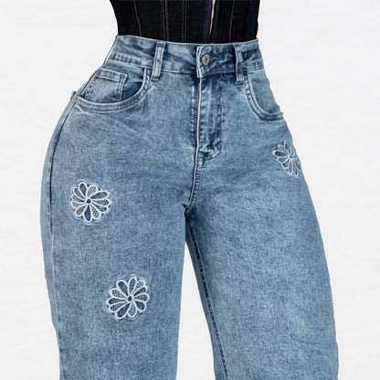 Jeans Bota Recta Strech Mujer con Flores Bordadas L6065 - Jeans Colombianos GUETHE08