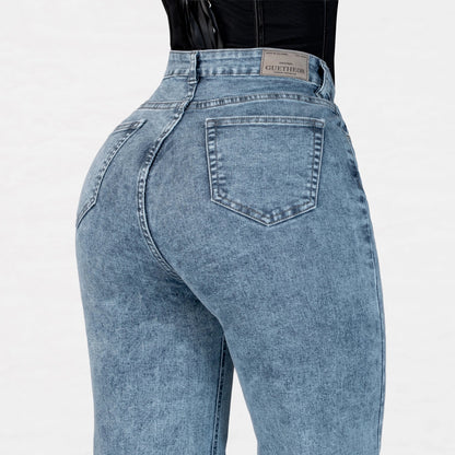 Jeans Bota Recta Strech Mujer con Flores Bordadas L6065 - Jeans Colombianos GUETHE08