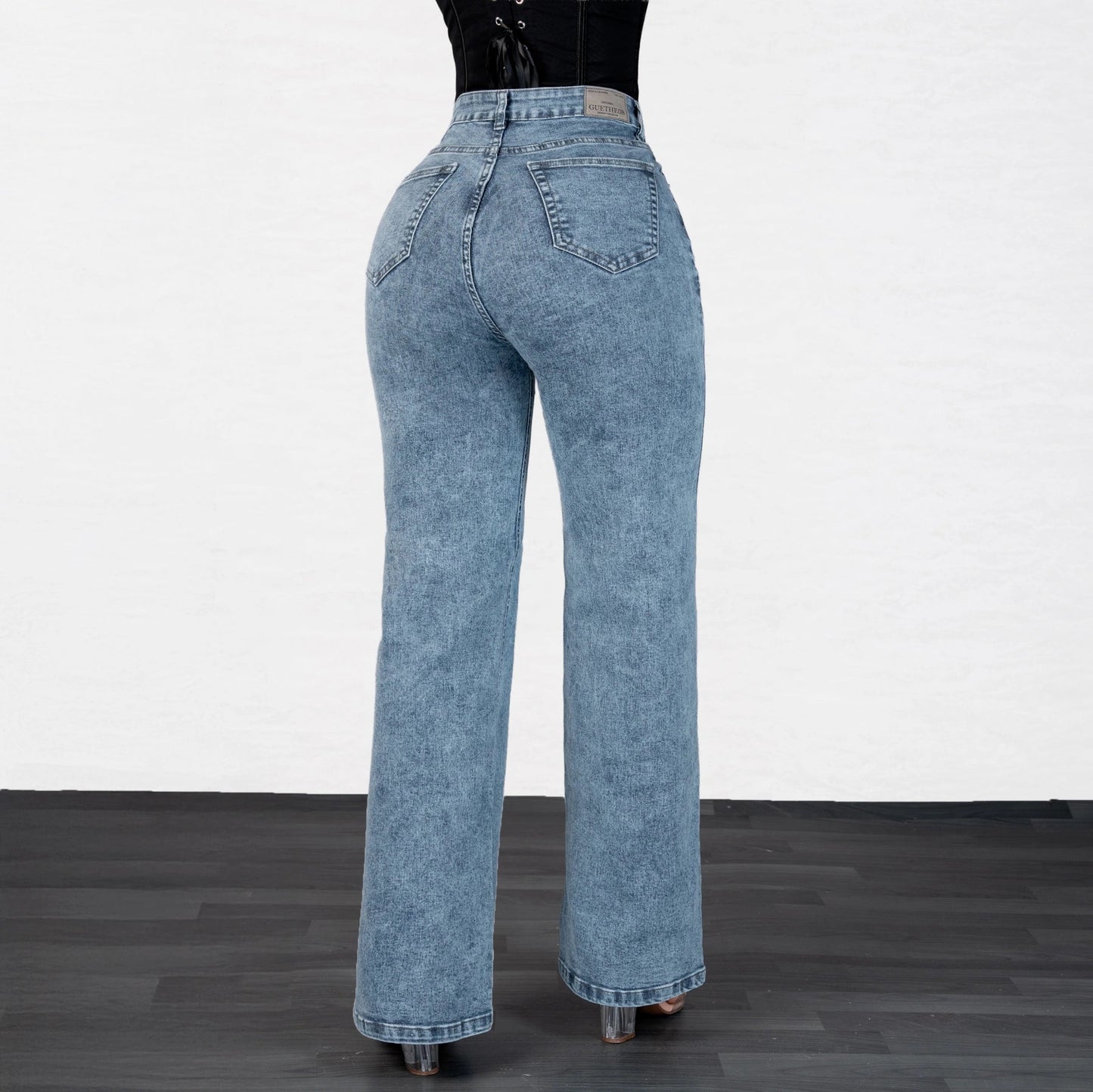 Jeans Bota Recta Strech Mujer con Flores Bordadas L6065 - Jeans Colombianos GUETHE08