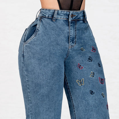 Jeans Bota Recta Strech Mujer con Mariposas Bordadas L6070 - Jeans Colombianos GUETHE08