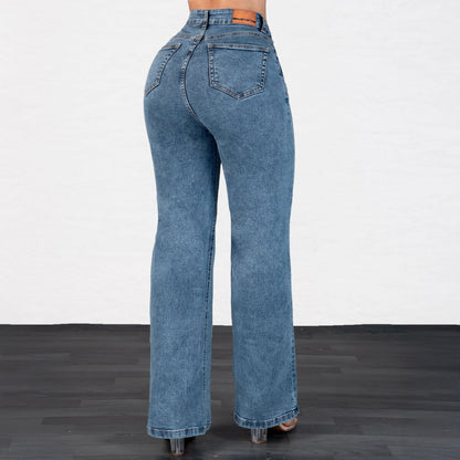 Jeans Bota Recta Strech Mujer con Mariposas Bordadas L6070 - Jeans Colombianos GUETHE08