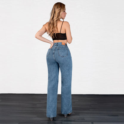 Jeans Bota Recta Strech Mujer con Mariposas Bordadas L6070 - Jeans Colombianos GUETHE08