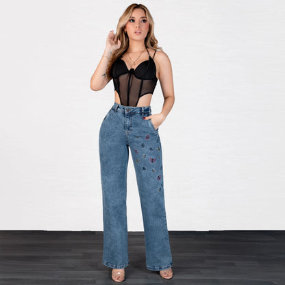 Jeans Bota Recta Strech Mujer con Mariposas Bordadas L6070 - Jeans Colombianos GUETHE08