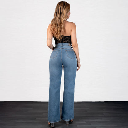 Jeans Bota Recta Strech Mujer con Rotos L6066 - Jeans Colombianos GUETHE08