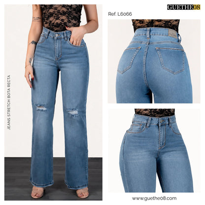 Jeans Bota Recta Strech Mujer con Rotos L6066 - Jeans Colombianos GUETHE08