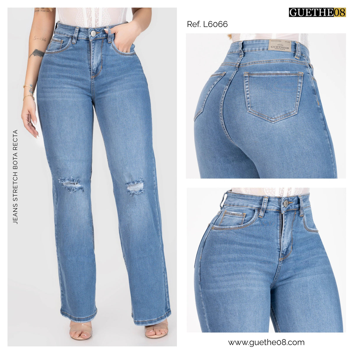 Jeans Bota Recta Stretch Mujer con Rotos L6066 - Jeans Colombianos GUETHE08
