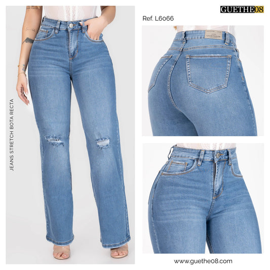Jeans Bota Recta Stretch Mujer con Rotos L6066 - Jeans Colombianos GUETHE08