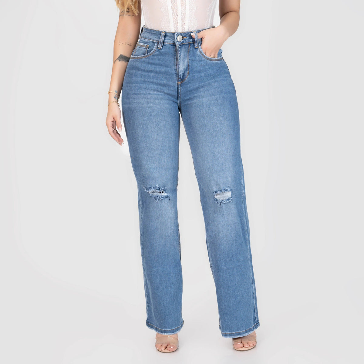 Jeans Bota Recta Stretch Mujer con Rotos L6066 - Jeans Colombianos GUETHE08