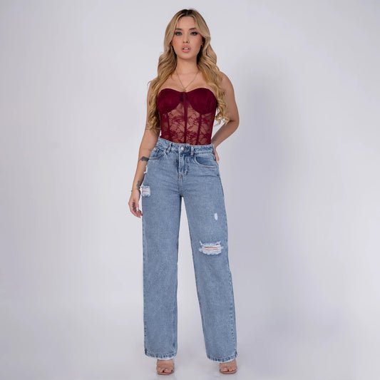 Jeans Rígido Bota Recta Mujer R5053 con Rotos - Jeans Colombianos GUETHE08