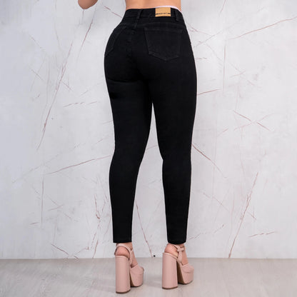 Jeans Skinny Push Up Tiro Alto Negro con Rotos LR6061 - Guethe08 | Fábrica de Jeans