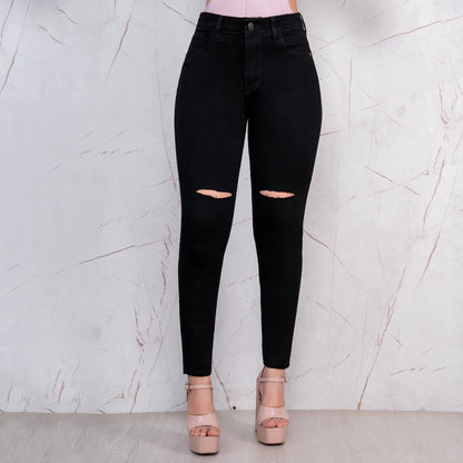 Jeans Skinny Push Up Tiro Alto Negro con Rotos LR6061 - Guethe08 | Fábrica de Jeans