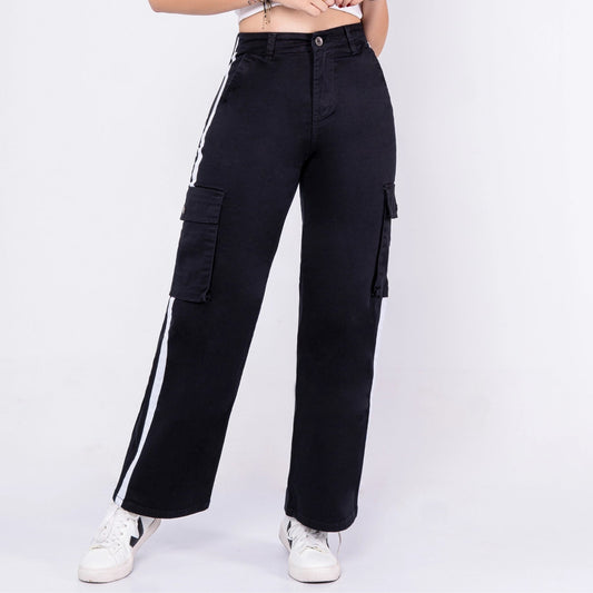Pantalón Drill Cargo Negro con Cinta Blanca DR013 - Guethe08 | Fábrica de Jeans