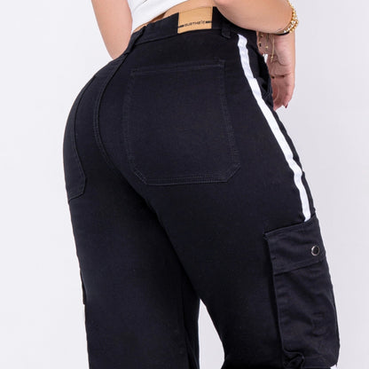 Pantalón Drill Cargo Negro con Cinta Blanca DR013 - Guethe08 | Fábrica de Jeans