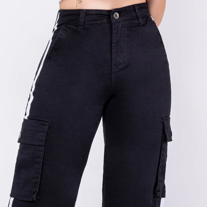 Pantalón Drill Cargo Negro con Cinta Blanca DR013 - Guethe08 | Fábrica de Jeans